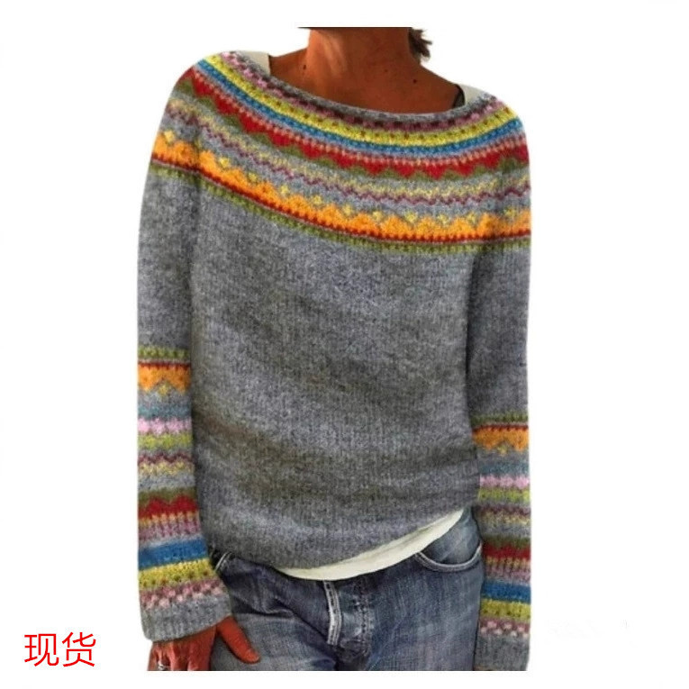 Amazon's New European and American Style Women's Sweater, Wish Hot-Selling Round-Neck Color-Blocking Loose Fashion Pullover Knitwear