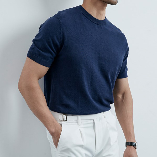 Verano nuevo camiseta de manga corta hombre de color sólido hielo cuello redondo delgado T-shirt de comercio exterior al por mayor transfronterizo