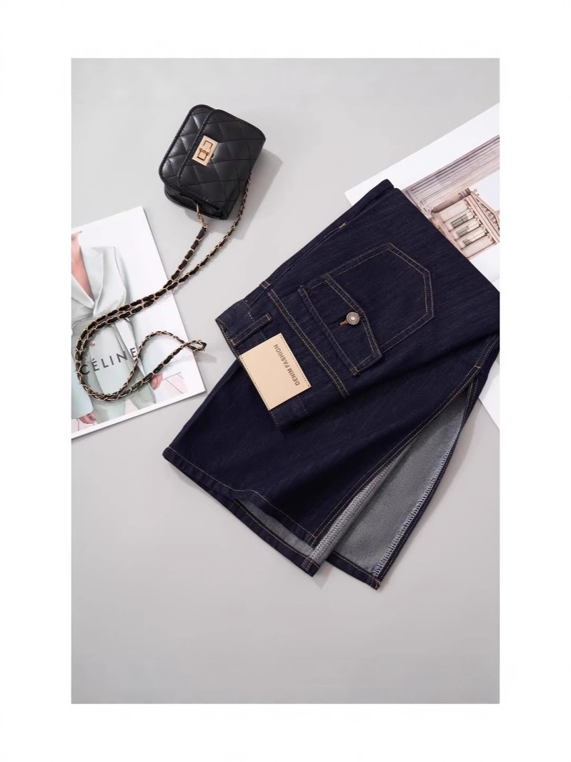 Chân váy denim chữ A Lycell mỏng mùa hè, dáng dài vừa, xẻ tà, rộng rãi tôn dáng — Xanh denim