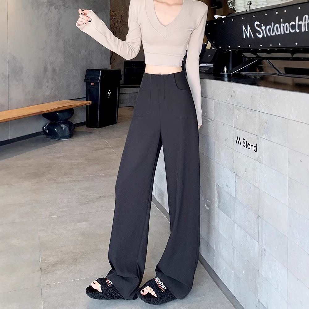 Pantalones de piernas anchas grises para mujeres 2025 primavera nueva cintura alta relajada relajada pantalones casuales rectos pantalones de traje estrechos