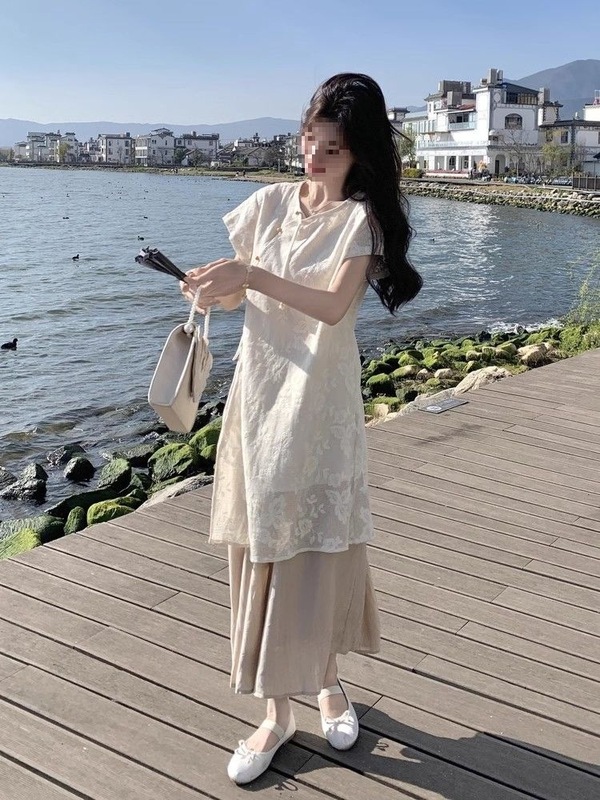 新中式国风禅意叠穿连衣裙套装女夏刺绣蕾丝罩衫半身裙两件套|undefined