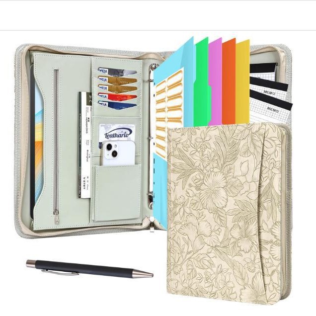 3-ring file folder storage bag, zippered briefcase, PU patterned leather tablet case, business office meeting