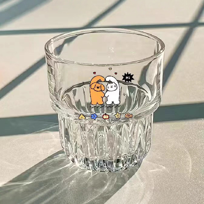 可爱卡通ins风透明印花吸管玻璃杯女生高颜值家用办公室喝水