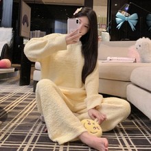 韩版长袖毛绒绒针织睡衣女加绒加厚秋冬新款珊瑚绒大码家居服套装