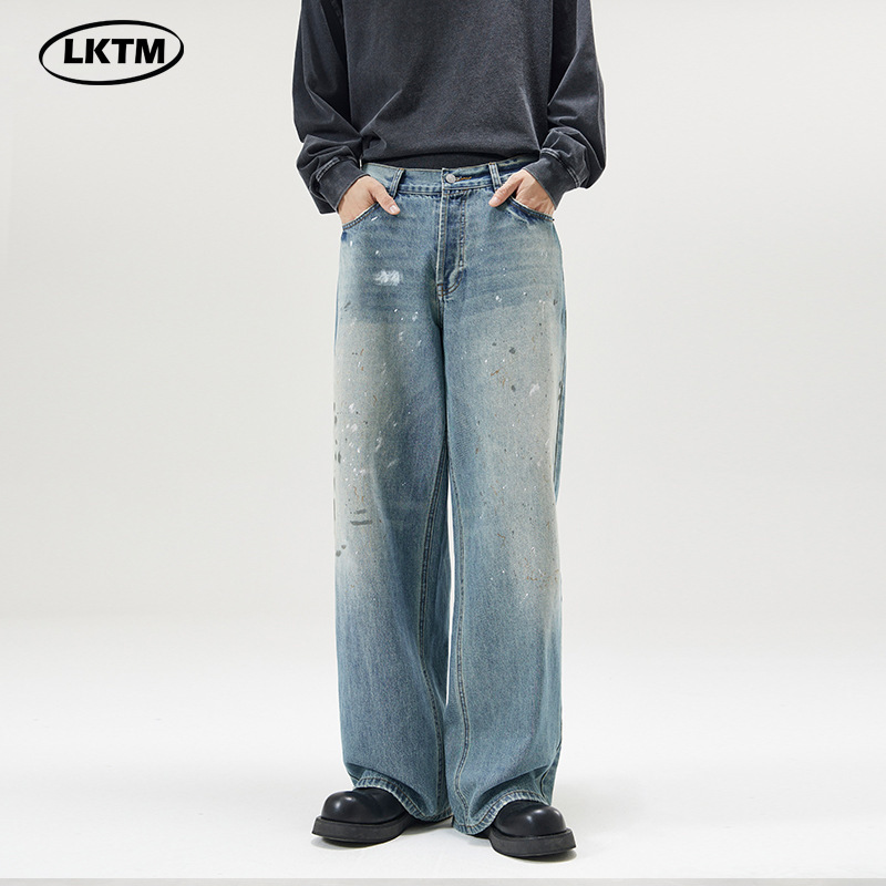 LKTM Men's# AC Splash Ink Wash Jeans Men's and Women's American Style High Street Fashion Brand Old Loose Straight Leg Wide Leg Pants