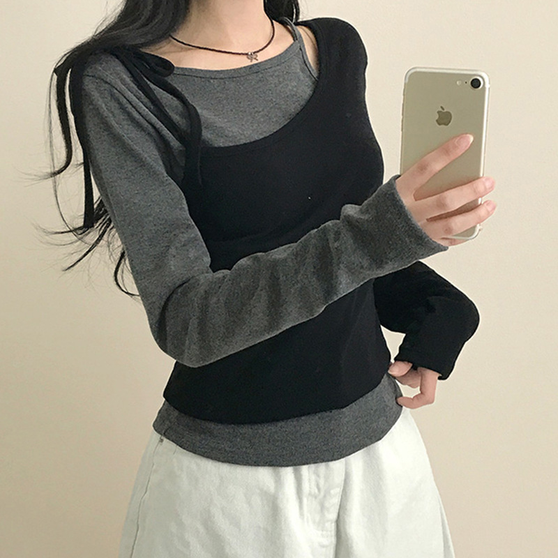 别致设计感撞色不规则两件套上衣2025早秋韩系风辣妹新款休闲T恤|undefined