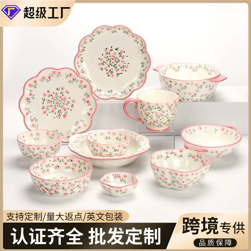 Ceramic tableware set, floral print, high-quality home dinnerware, assorted sizes