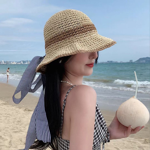 2024 New Model Grass Hat for Women Summer Beach Sand Beach Photo Hat Wide Brim Sunshade Sun Hat Weave Fisherman Hat