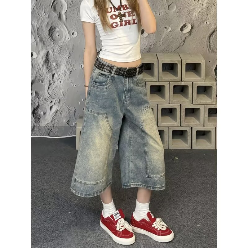 美式水洗做旧牛仔七分短裤女夏季新款高街宽松阔腿显瘦直筒中裤子