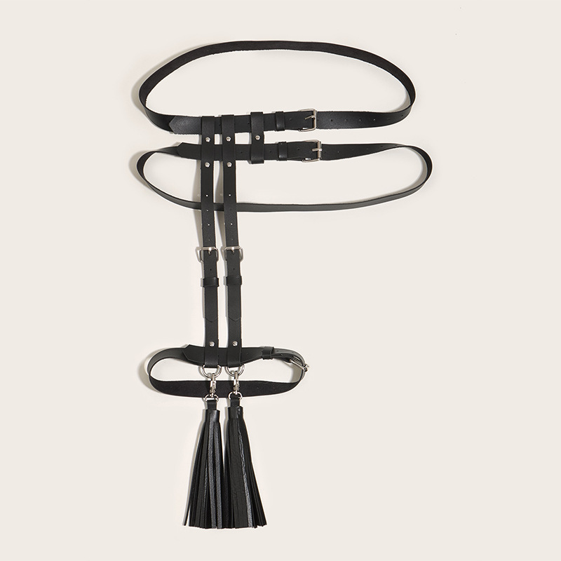 European and American cross-border sexy cross-border trend tassel belt leg loop integrated alternative binding PU leather waist chain belt_voghion.com