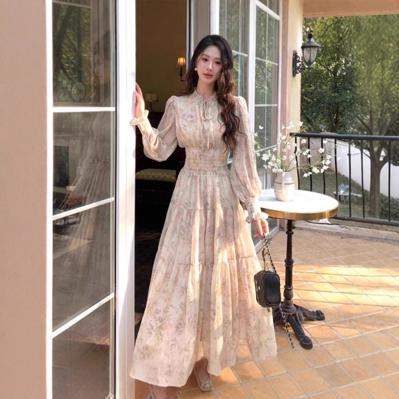 Tea Break French Floral Chiffon Dress Women's Long Early Autumn Classy New Super Nice Waist Long Skirt