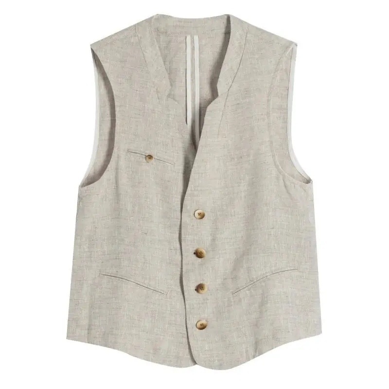 Áo vest gile nữ không tay cổ V chất liệu vải lanh phong cách cổ điển — Màu be