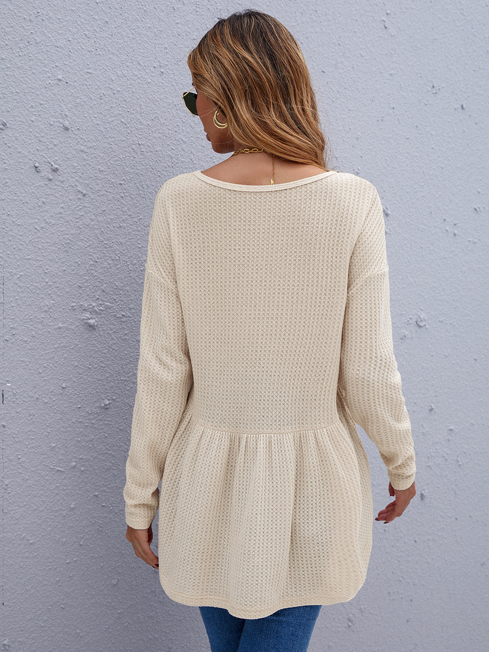 women s round neck solid color waffle pleated casual long-sleeved sweater nihaostyles clothing wholesale NSDF73705