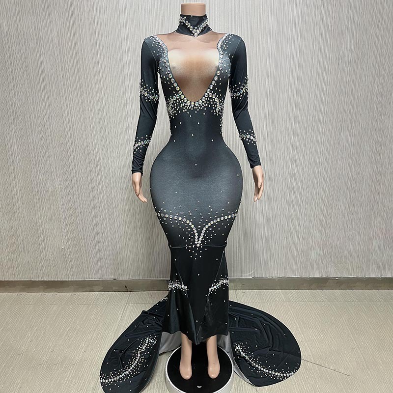 Novance Robe Long Tail Diamond Feast Evening Dress Black Deep V Neck Dress Long Dress Prom Dress