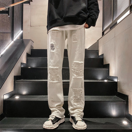 American and European streetwear distressed hole denim jeans for men, spring and autumn, Instagram trendy brand, high street straight-leg pants, loose and versatile, cool and stylish long pants