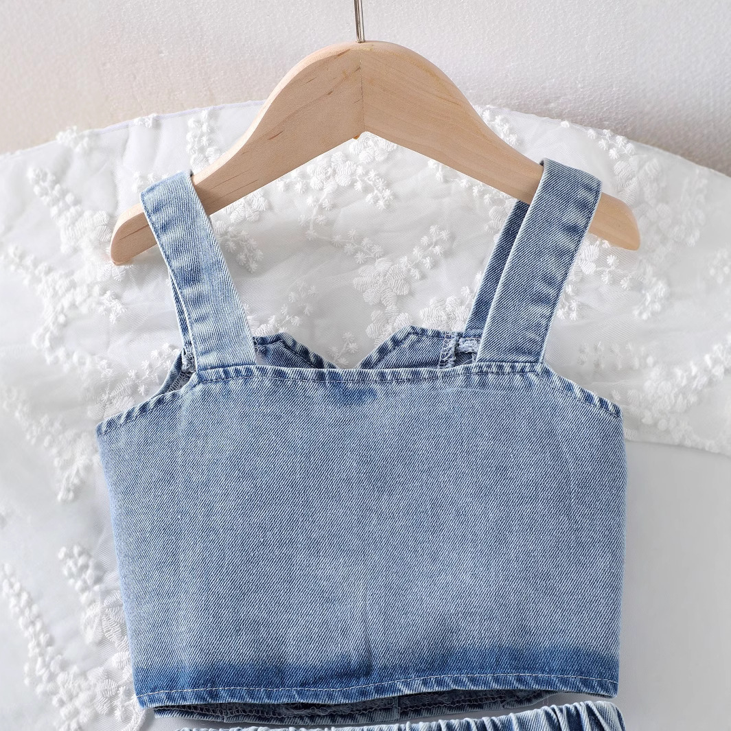 Zweiteiliges Sommer-Set aus besticktem Denim im europäischen und amerikanischen Stil, bestehend aus einem einreihigen Tanktop und einem Rock, für Kleinkinder (3-7 Jahre)._voghion.com