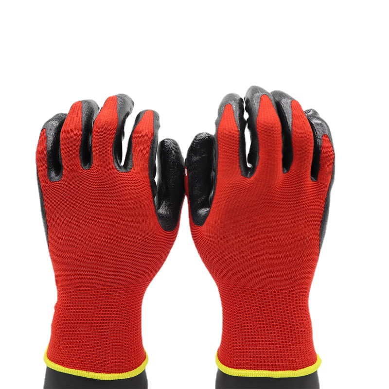 出口欧洲13针涤纶浸丁腈光面手套工作安全防护劳保手套