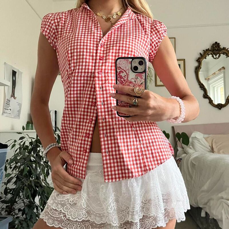 2025 New Red and White Plaid Short Sleeve Shirt Women's French Puff Sleeve Loose All-match Top Factory Direct Supply