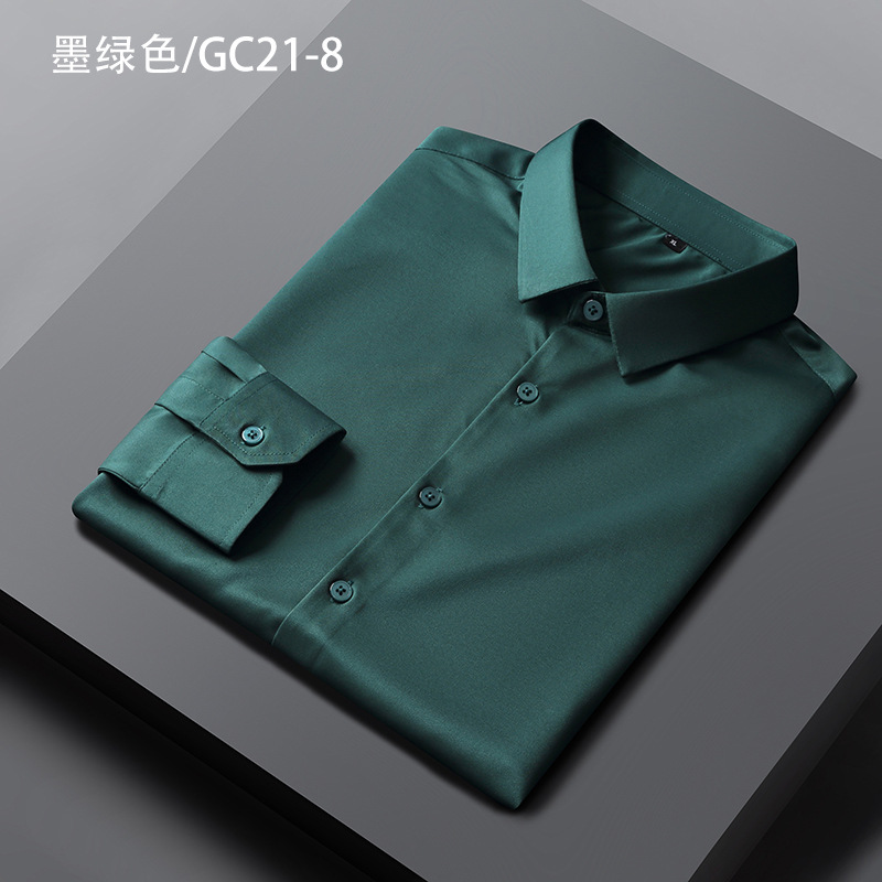 Nueva camisa de seda homenaje camisa de manga larga para hombre camisa elástica antiarrugas de negocios casual sin bolsillo camisa juvenil para hombre