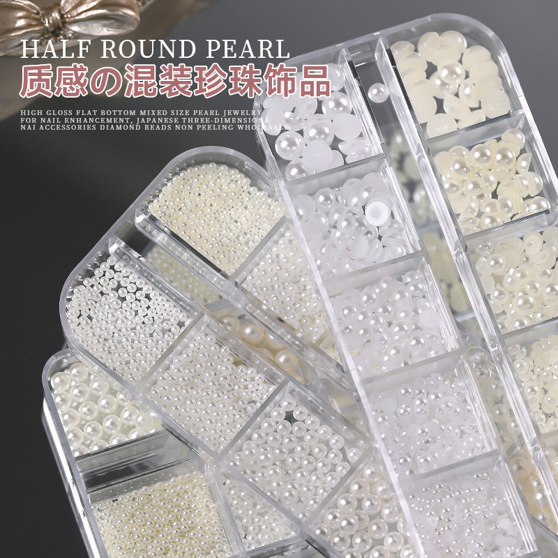 12 grid pearl nail jewelry highlight size mixed semicircle non-porous stereo pure white rice white pearl nail accessories