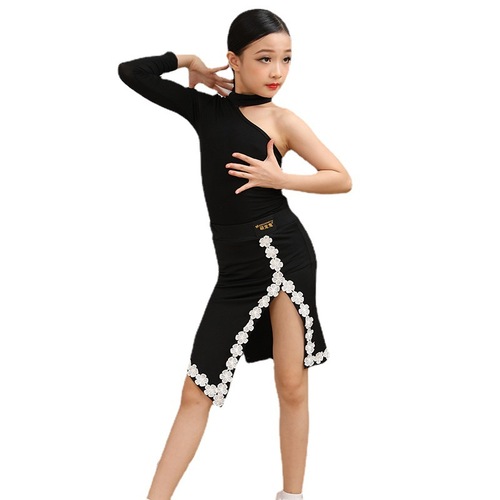 Children black with white lace Latin dance dresses ballroom salsa rumba chacha one shoulder dance skirts children training model show clothing