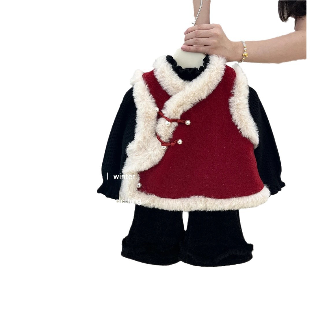 Niños estrella redonda Año Nuevo traje de Año Nuevo niñas rojo festivo estilo nacional chaleco de terciopelo de otoño y invierno pantalones de microescalado de mujeres