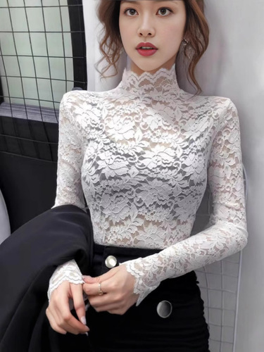 Women's Lace Camisole Top with Slits, Slimming Long-Sleeved and Short-Sleeved T-Shirt, Autumn/Winter Semi-High Collar, Body-Fitting Top for Wholesale and Dropshipping.