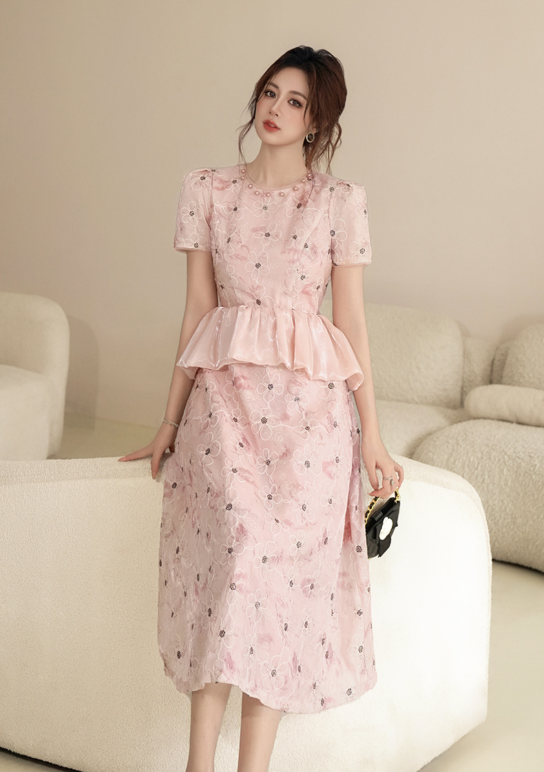 Đầm nữ đính đá cổ tròn eo xếp ly dáng chữ A che bụng — màu hồng chi tiết 1