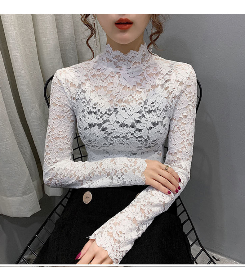 Haut col montant en dentelle transparente – Chemisier élégant à découpes florales et manches pétales (M-XXL, blanc/noir/nude, polyvalent du bureau au dîner)_voghion.com