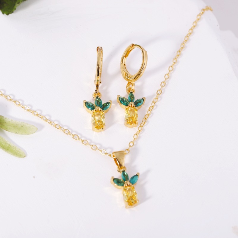Fruit Earring Necklace Set Colorful CZ Zircon Earrings Grape Cherry Piercing Jewelry Gold detail image 23
