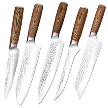 跨境现货家用不锈钢厨师刀三德刀水果刀套装彩木柄锤纹钢头切片刀