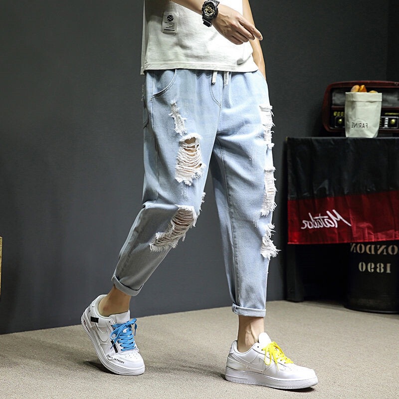 Summer Thin Ripped Jeans Men's Trendy Brand Loose Straight Barrel Handsome Beggar Cropped Pants High Street Casual Pants Summer Thin Ripped Jeans Men's Trendy Brand Loose Straight Barrel Handsome Beggar Cropped Pants High Street Casual Pants