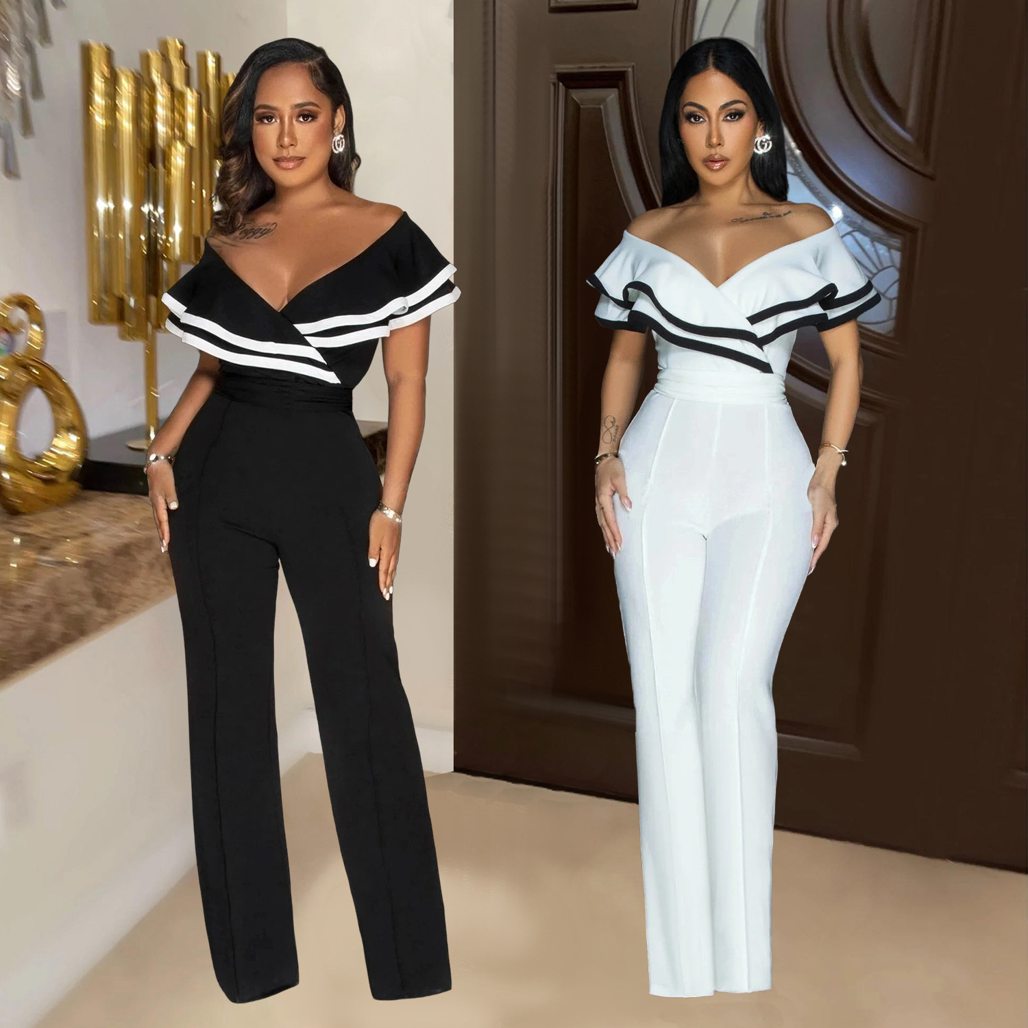 C7052 Cross-border AliExpress Amazon Estación independiente Moda europea y americana Mono sin mangas en V profundo de las mujeres Color sólido Nuevo