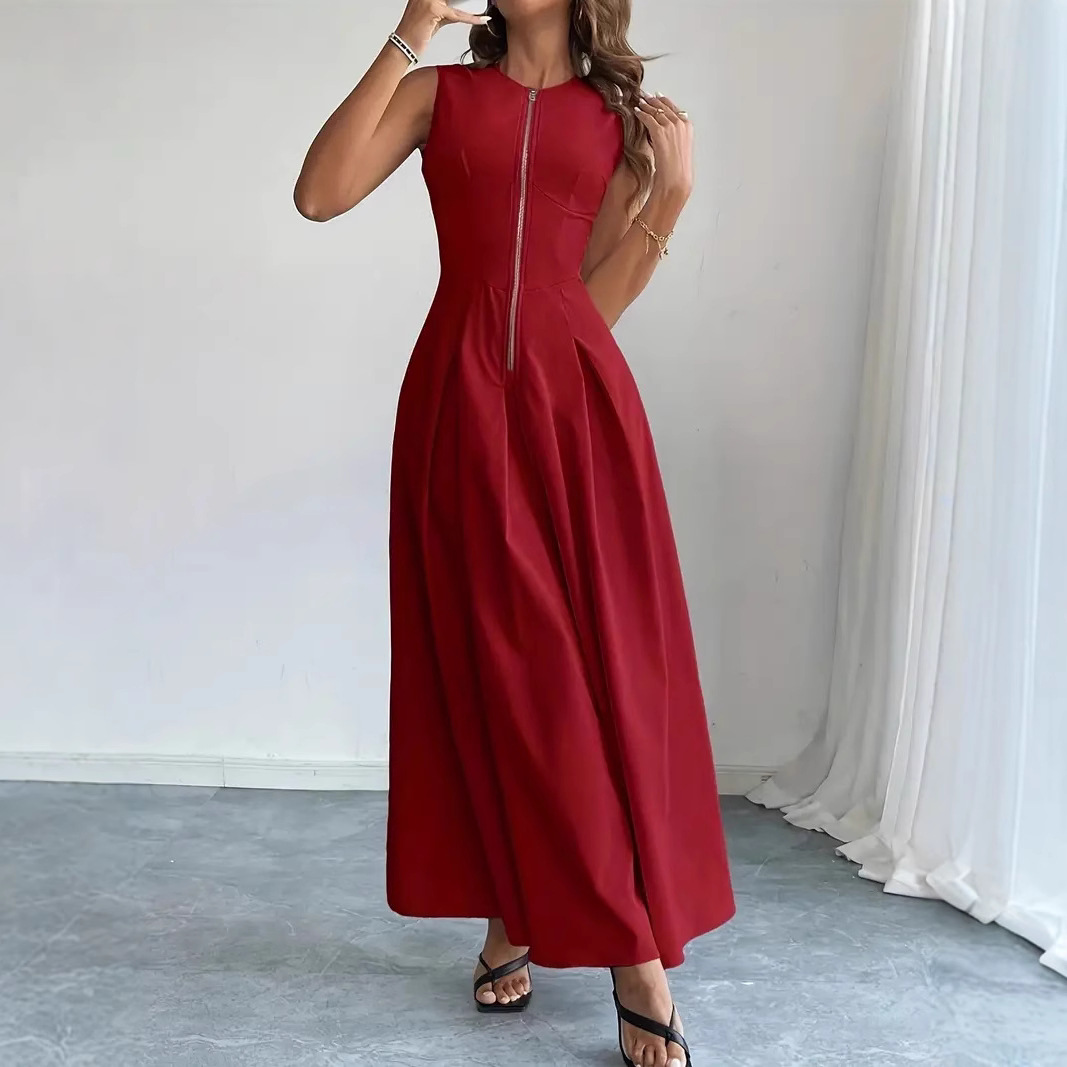 summer solid color fitted dress with zipper sleevless