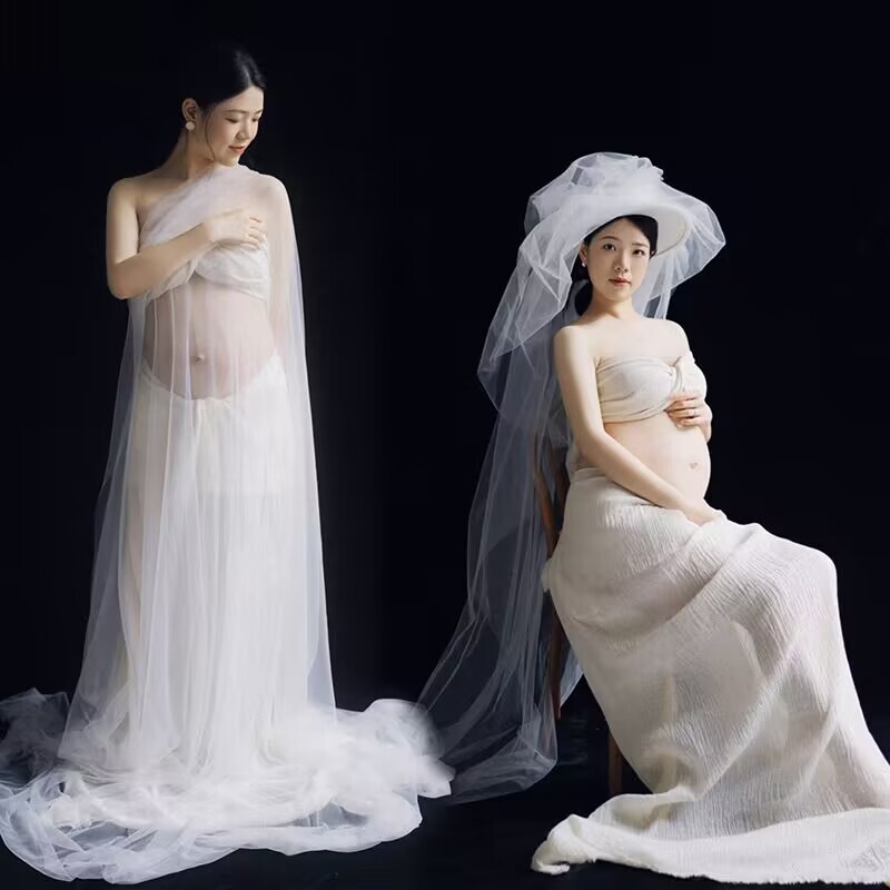 New Style Maternity Photo Studio French-Korean Retro Sweet Pregnancy Photoshoot Strapless Tulle Dress Fashionable Hot Mom Maternity Outfit