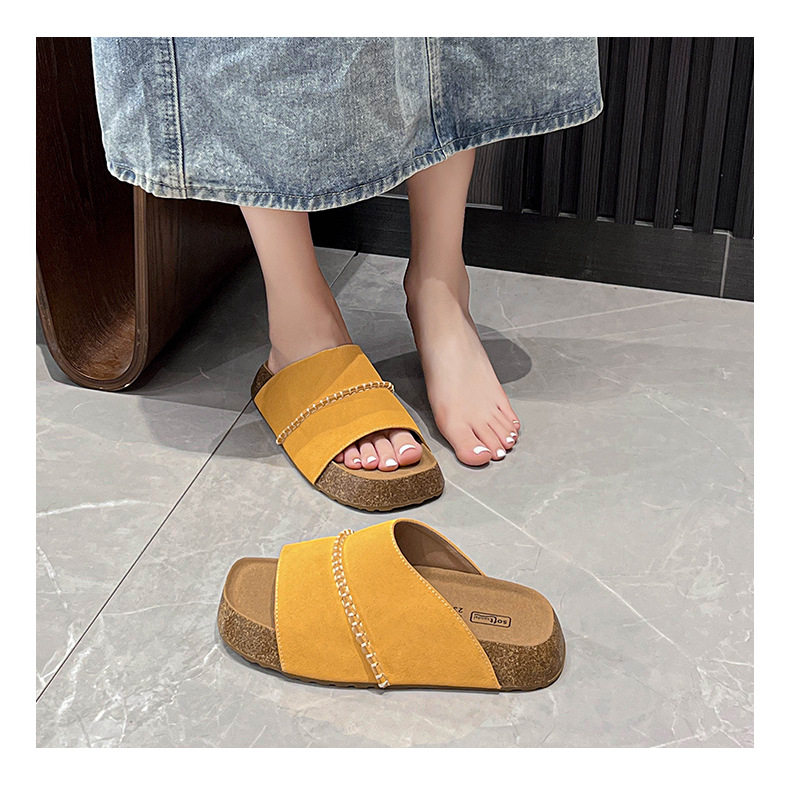 Dép sandal nữ quai ngang đế dày bằng gỗ bần, mũi vuông, đi ngoài trời — Màu khoai môn, Màu vàng gừng, Màu xám nhạt chi tiết 20