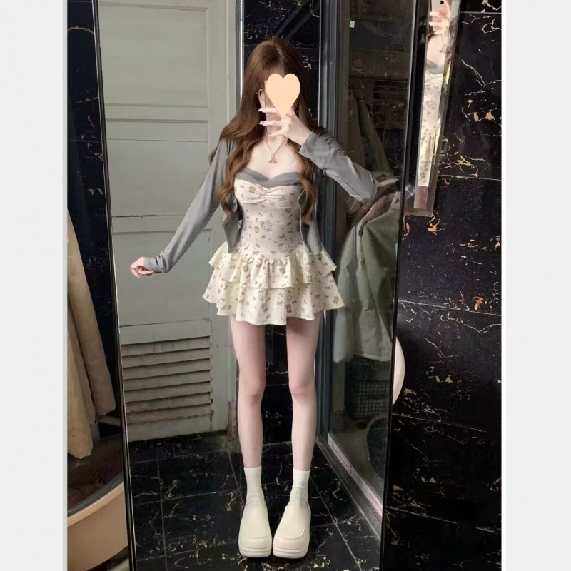 Pure Desire Hot Girl Suit, женское тонкое платье на подтяжках с цветочным принтом, пышная юбка, женский весенне-летний новый тонкий кардиган 2025 г.