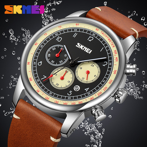 SKMEI Timeless British Style Casual Men's Quartz Watch with Leather Strap, Fashion Business Multi-Dial Men's Wristwatch