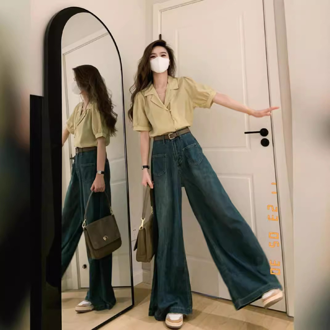 넓은 다리 청바지 여성의 봄과 가을 2025 새로운 디자인 센스 틈새 높은 허리 느슨한 스트레이트 다리 바지 긴 아들