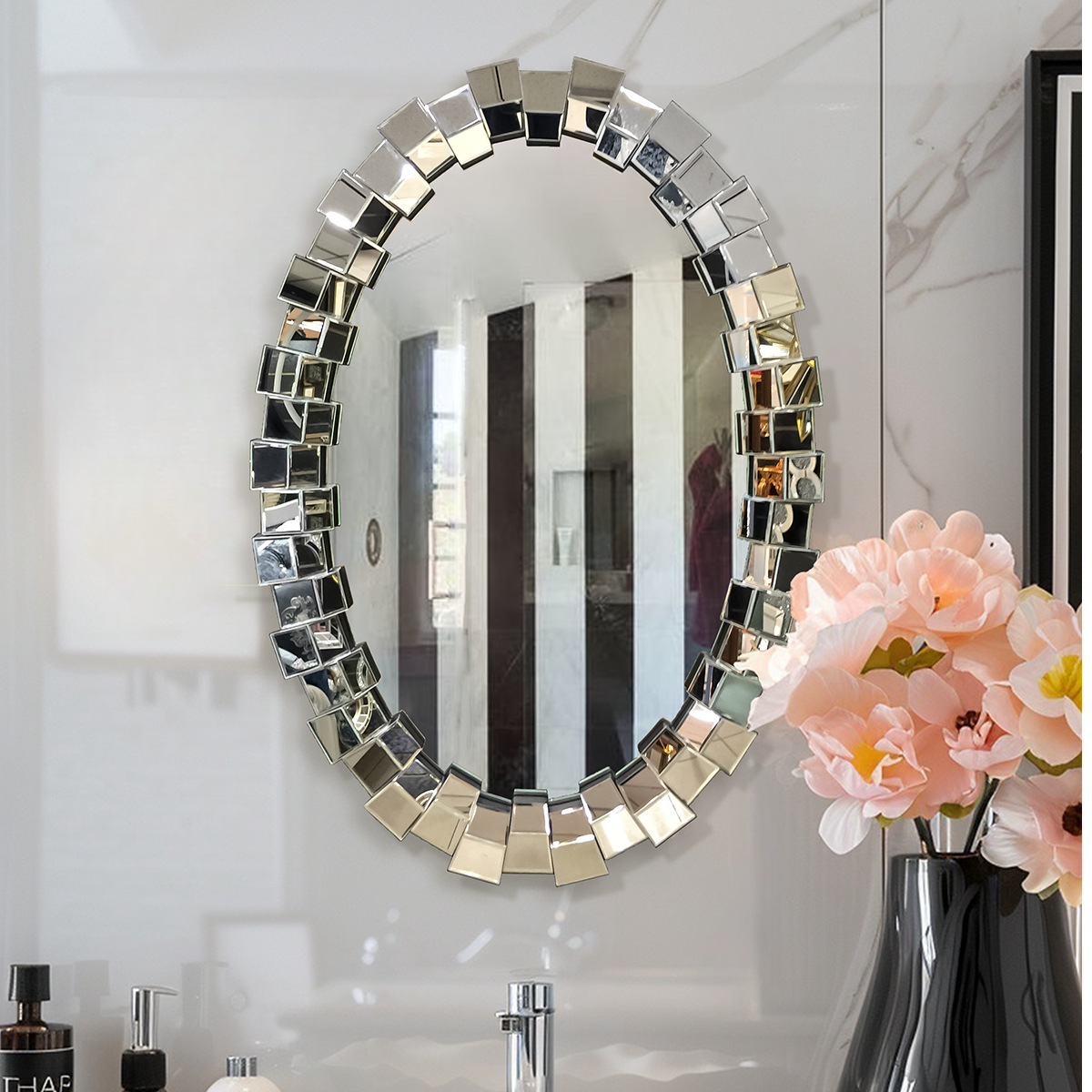 French Bathroom Mirror Light Luxury Concave and Convex Three-Dimensional Wall-Mounted Vanity Mirror European Oval Bathroom Mirror Restaurant Decorative Mirror