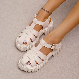 2024 Summer New Korean Style Platform Thick-soled Roman Sandals Women's Round Toe Thick Heeled Open-out Sandals