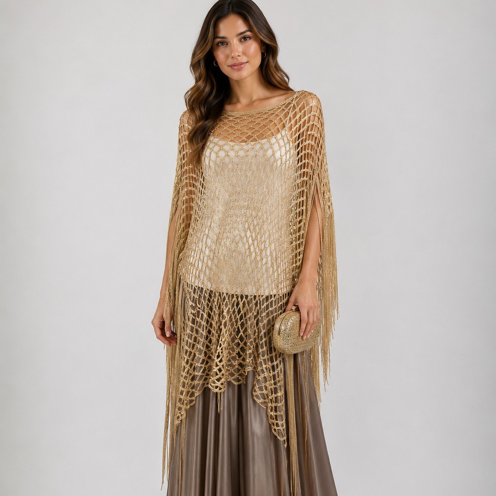 2026 European and American Cross-Border Ready-Stock Gold and Silver Thread Hollow-Out Tassel Shawl Evening Gown Jacket Beach Cover-Up in Stock