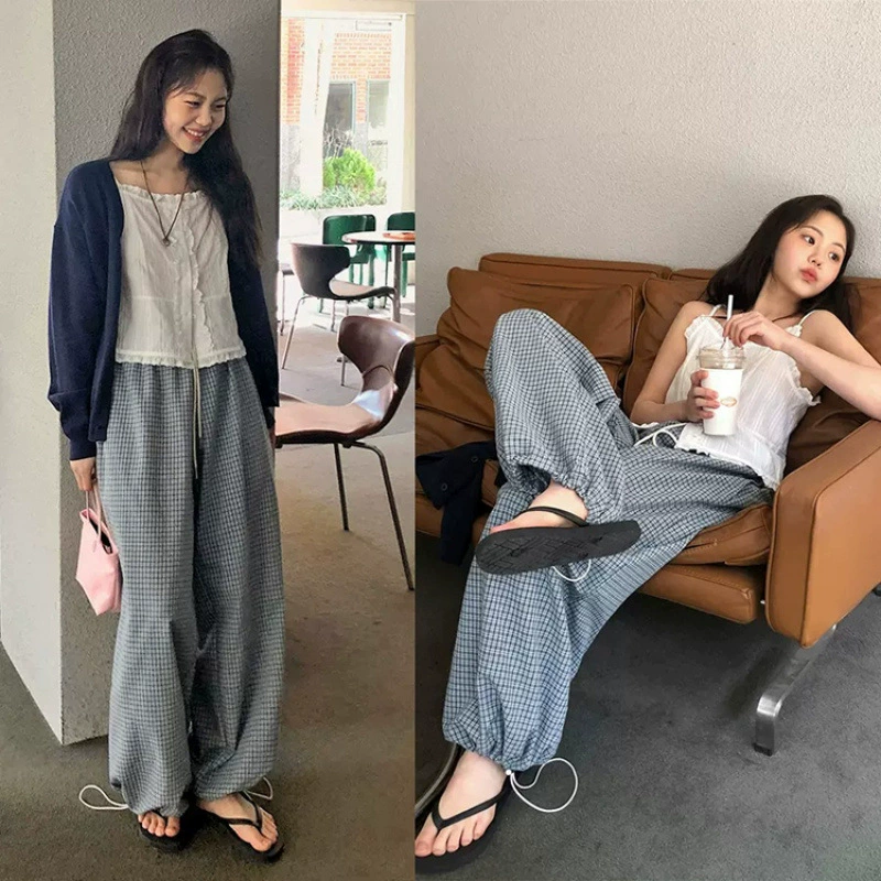 В наличии. Рекомендуемые брюки для женщин: модные широкие клетчатые брюки в корейском ретро стиле с регулируемыми манжетами, весна/лето 2025 года.