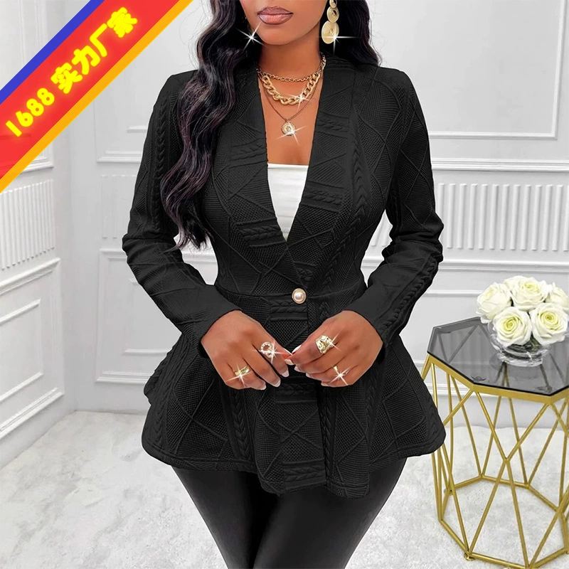 Amazon внешняя торговля Европейский и американский трансграничный осенне-зимний новый женский костюм на одной пуговице с жаккардовой текстурой и длинными рукавами с v-образным вырезом