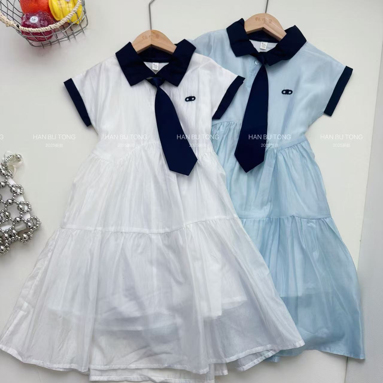 Girls Summer Dress 2025 New Fashionable Big Kidsren's Contrasting Color Stitching Tie Preppy Style Skirt