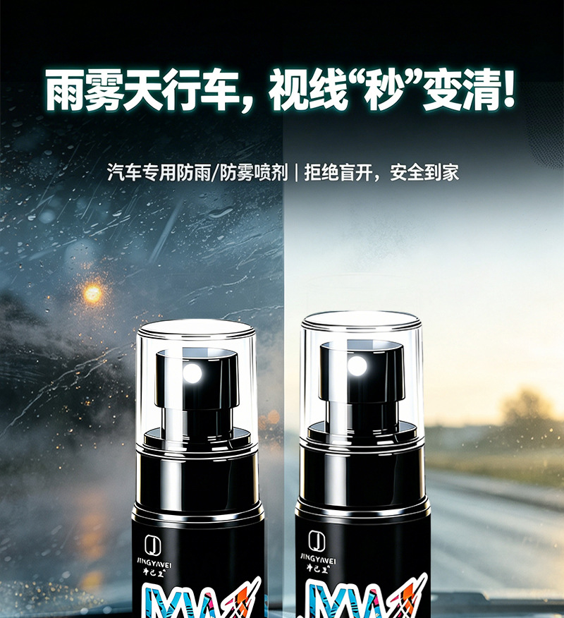 Car accessories: rain and fog repellent, car glass water repellent, car rearview mirror defogger and rain remover, glass cleaner