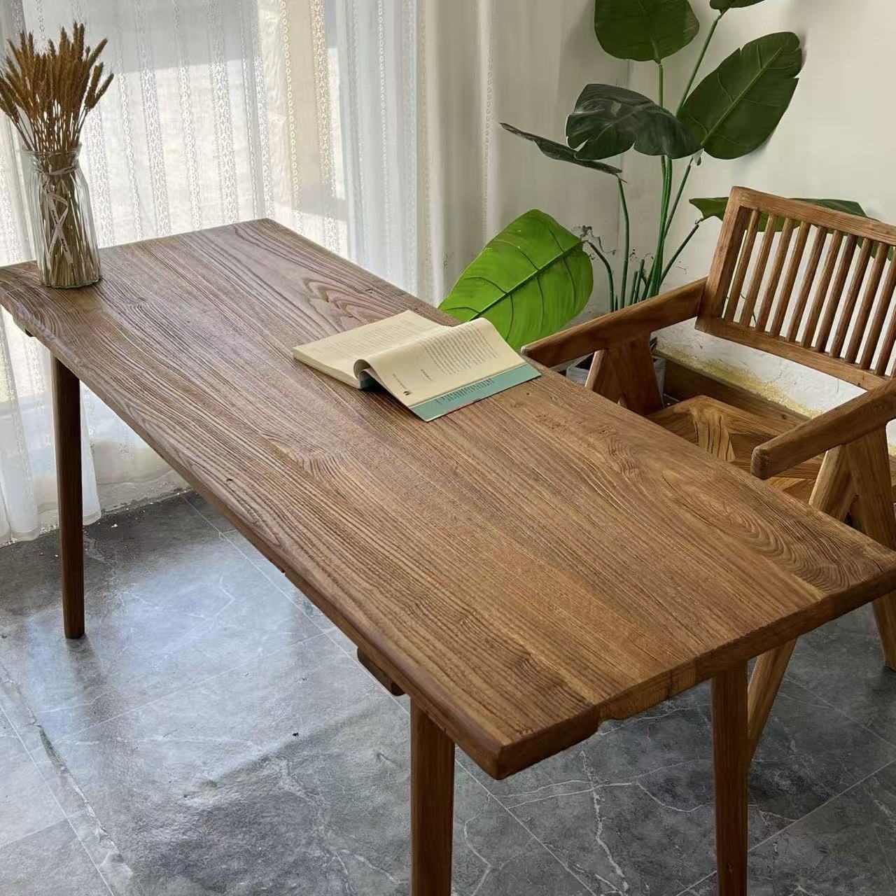 老榆木大书桌实木餐桌复古新中式客厅长桌办公简约家用原木老木板