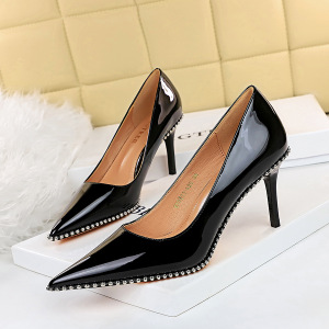 9611-A2 euramerican fashion sexy women's shoes with patent leather high heel lighter pointed rivet sheet metal beads s