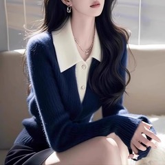 小香风假两件毛衣女秋冬装大码胖mm气质软糯高级感蓝色针织衫上衣