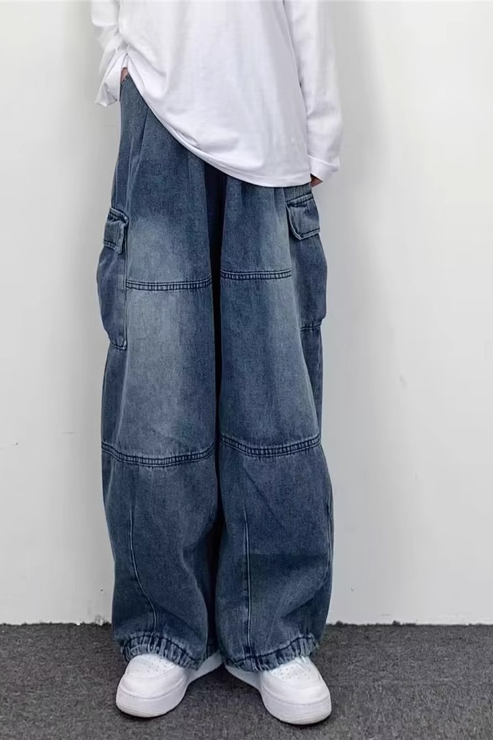 Lazy Vintage Tooling Wide-leg Jeans Men's Hong Kong Style Loose Oversize Big Pocket Retro Street Trousers_mkmklike.com